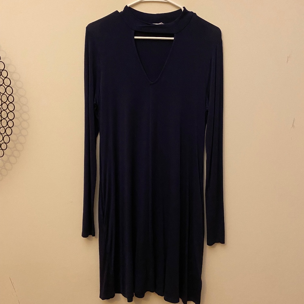 High-collar mock-neck long sleeve navy blue cotton dress